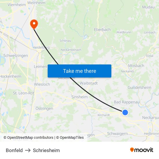 Bonfeld to Schriesheim map