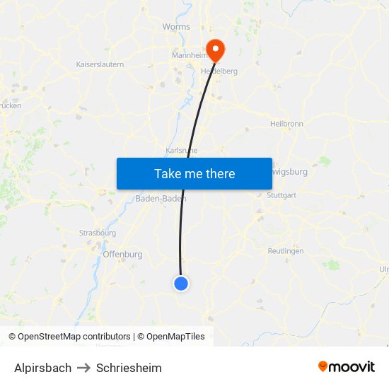 Alpirsbach to Schriesheim map