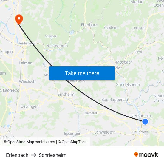 Erlenbach to Schriesheim map