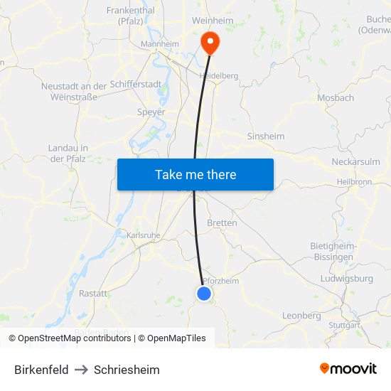 Birkenfeld to Schriesheim map