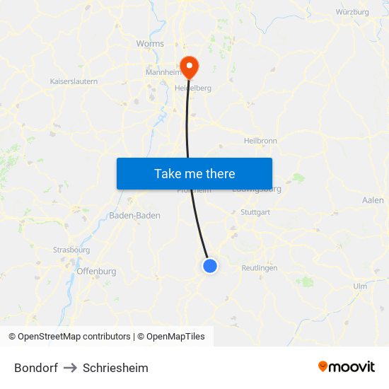 Bondorf to Schriesheim map