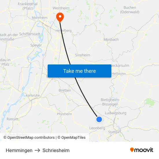 Hemmingen to Schriesheim map