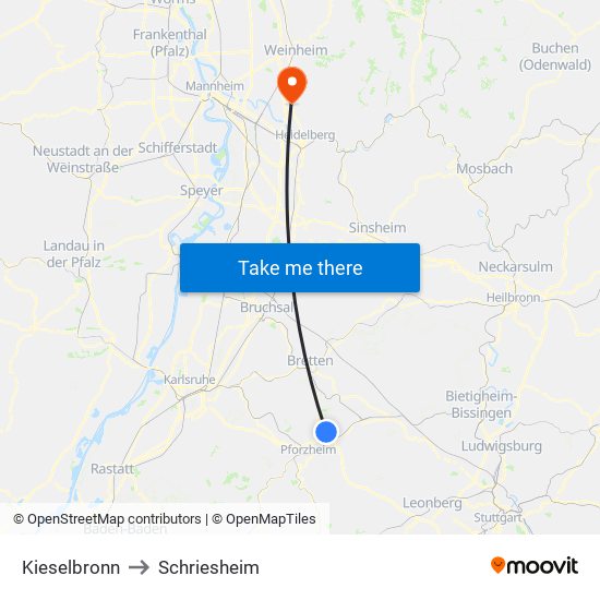 Kieselbronn to Schriesheim map