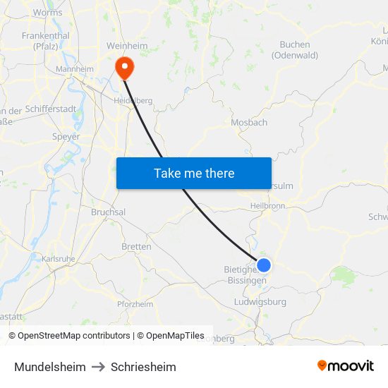 Mundelsheim to Schriesheim map