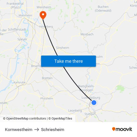 Kornwestheim to Schriesheim map