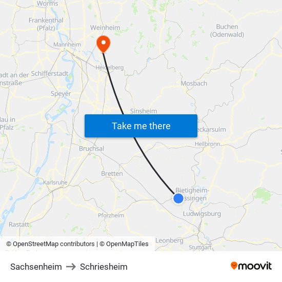 Sachsenheim to Schriesheim map