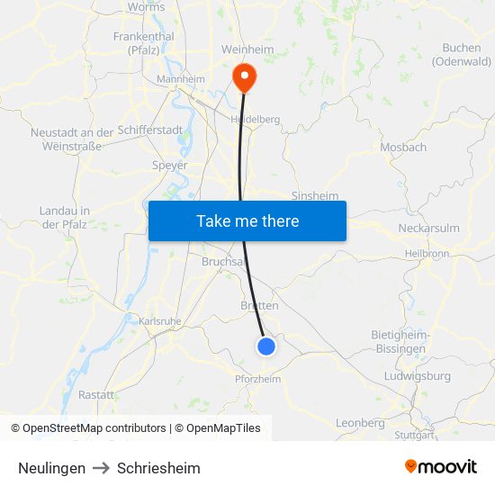 Neulingen to Schriesheim map