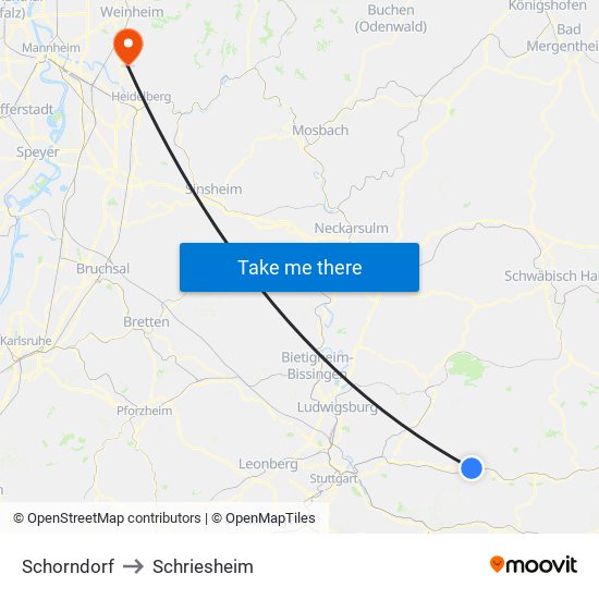 Schorndorf to Schriesheim map