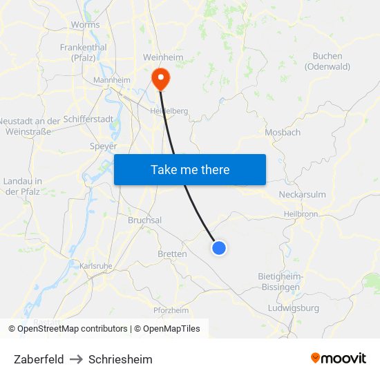 Zaberfeld to Schriesheim map