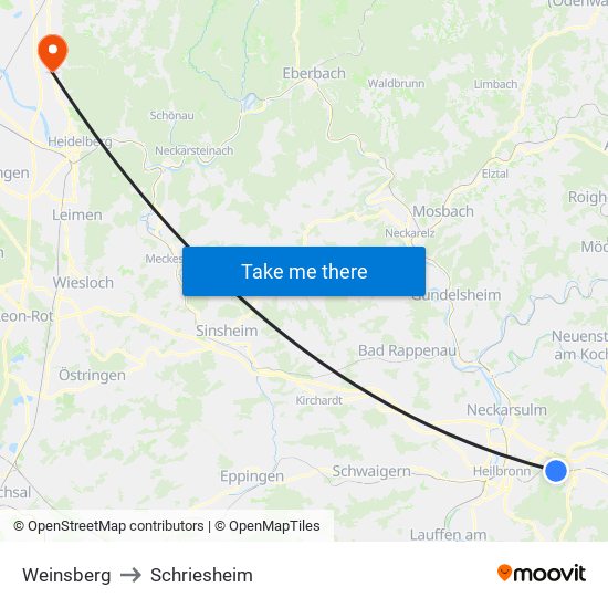 Weinsberg to Schriesheim map