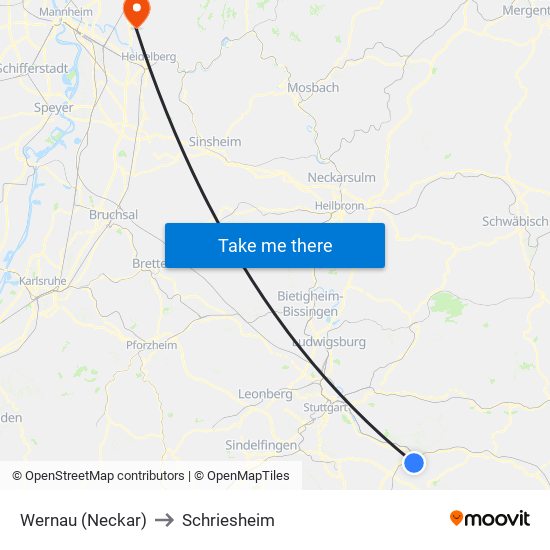 Wernau (Neckar) to Schriesheim map