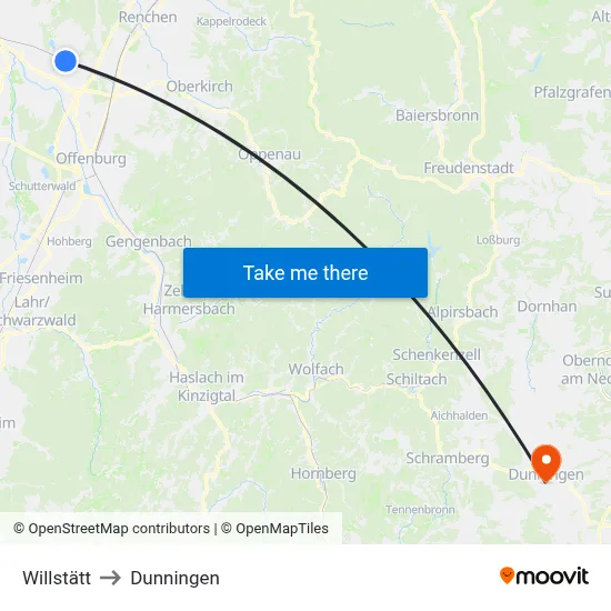 Willstätt to Dunningen map