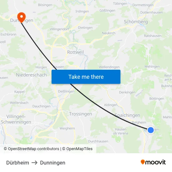 Dürbheim to Dunningen map
