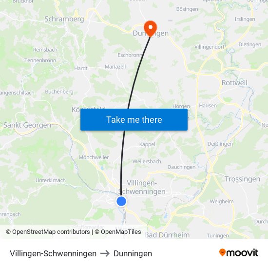 Villingen-Schwenningen to Dunningen map