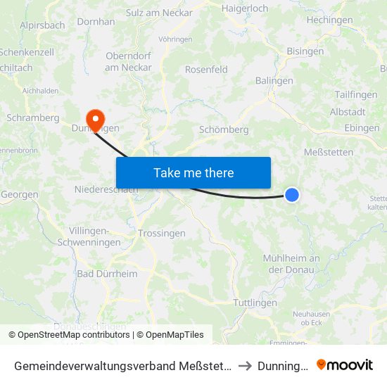 Gemeindeverwaltungsverband Meßstetten to Dunningen map