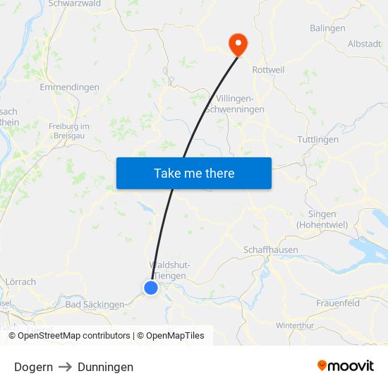 Dogern to Dunningen map