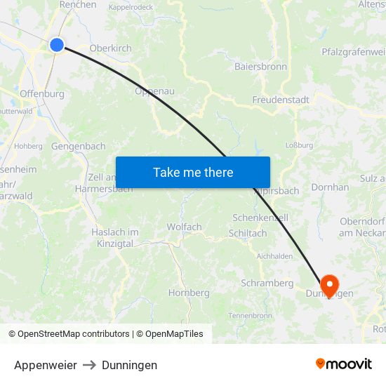 Appenweier to Dunningen map