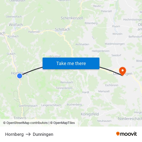 Hornberg to Dunningen map