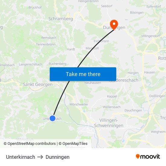 Unterkirnach to Dunningen map