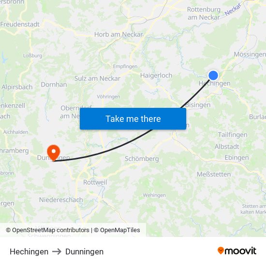 Hechingen to Dunningen map