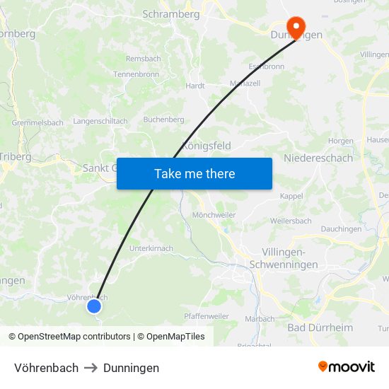 Vöhrenbach to Dunningen map