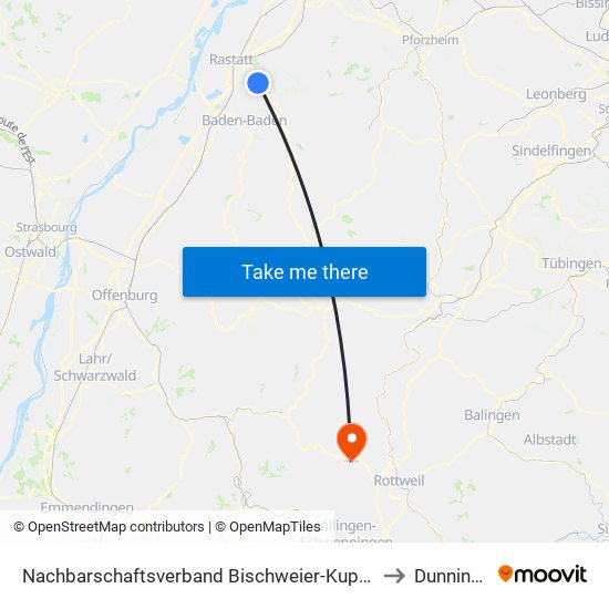 Nachbarschaftsverband Bischweier-Kuppenheim to Dunningen map