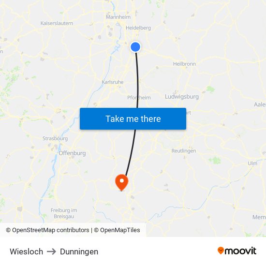 Wiesloch to Dunningen map