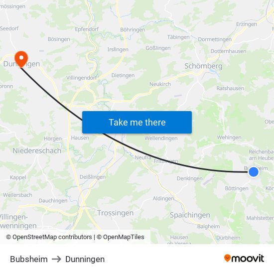 Bubsheim to Dunningen map