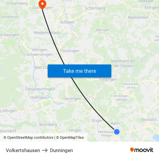 Volkertshausen to Dunningen map