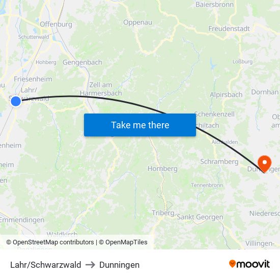 Lahr/Schwarzwald to Dunningen map