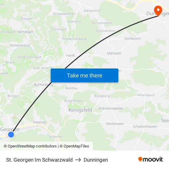 St. Georgen Im Schwarzwald to Dunningen map