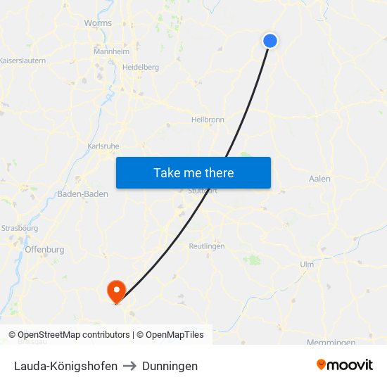 Lauda-Königshofen to Dunningen map