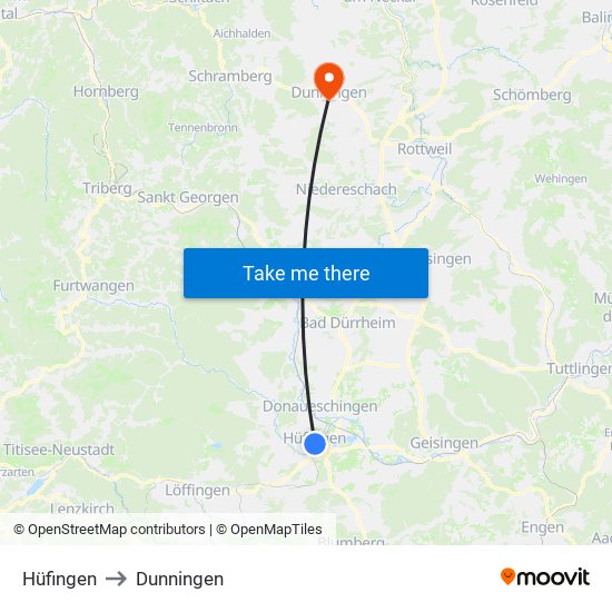 Hüfingen to Dunningen map