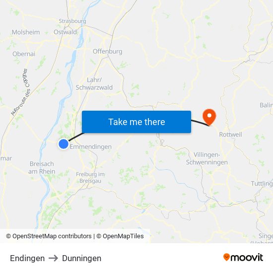 Endingen to Dunningen map