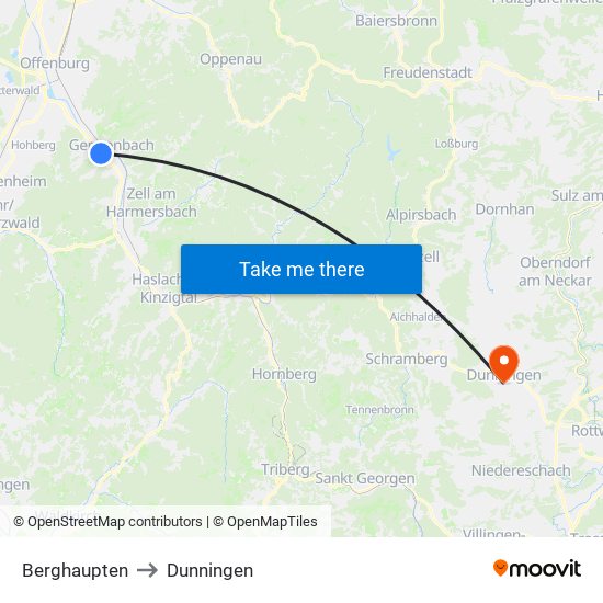 Berghaupten to Dunningen map