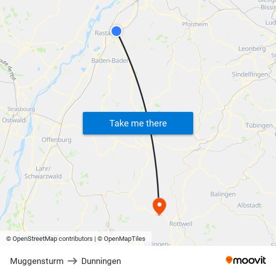 Muggensturm to Dunningen map