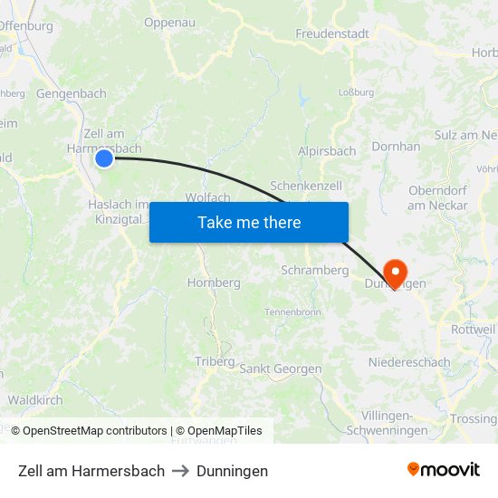 Zell am Harmersbach to Dunningen map
