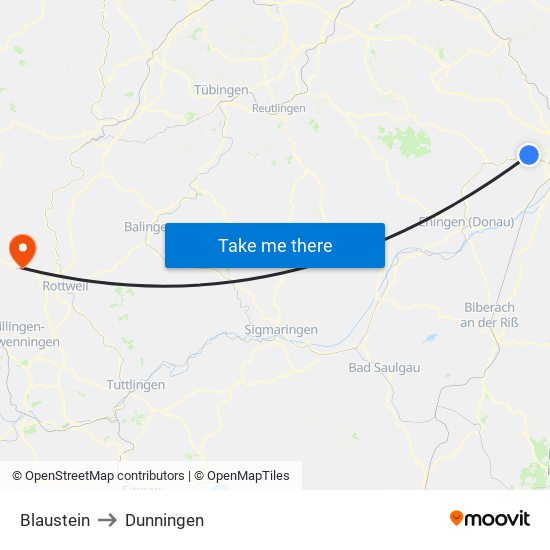 Blaustein to Dunningen map