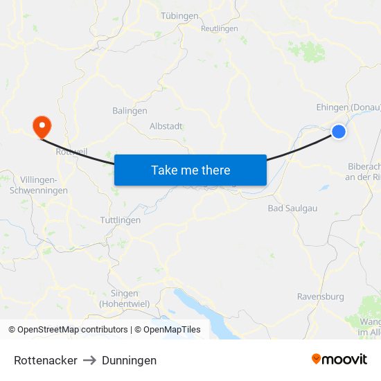 Rottenacker to Dunningen map