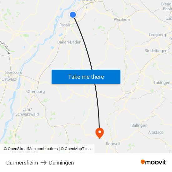 Durmersheim to Dunningen map