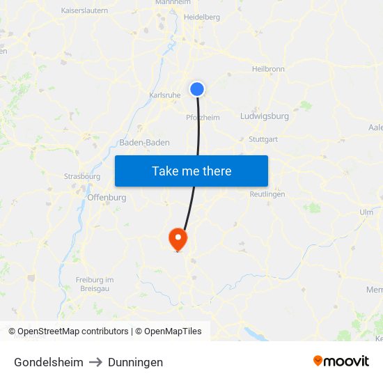 Gondelsheim to Dunningen map