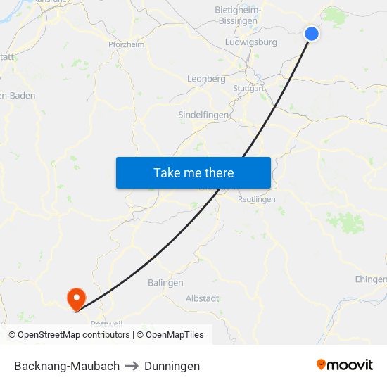 Backnang-Maubach to Dunningen map