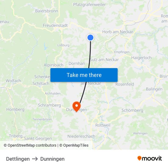 Dettlingen to Dunningen map