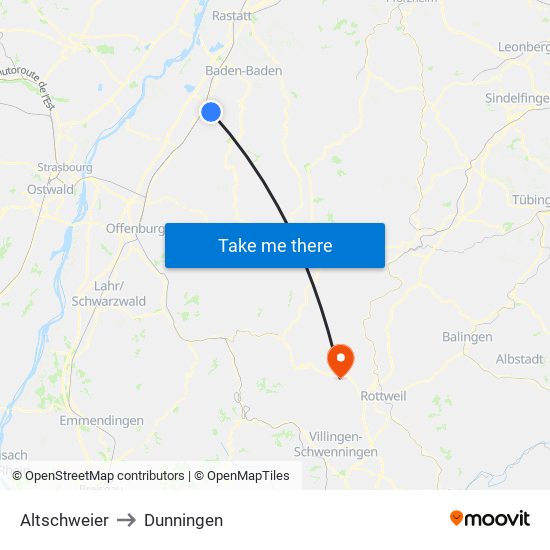 Altschweier to Dunningen map