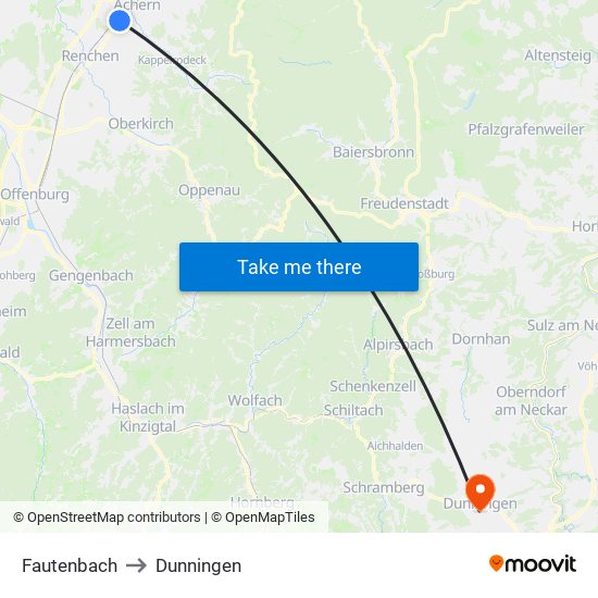 Fautenbach to Dunningen map