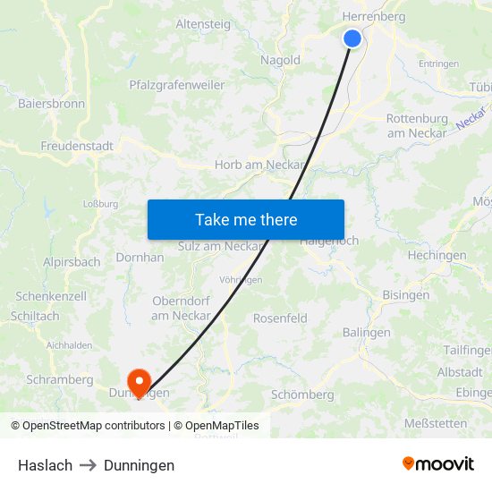 Haslach to Dunningen map