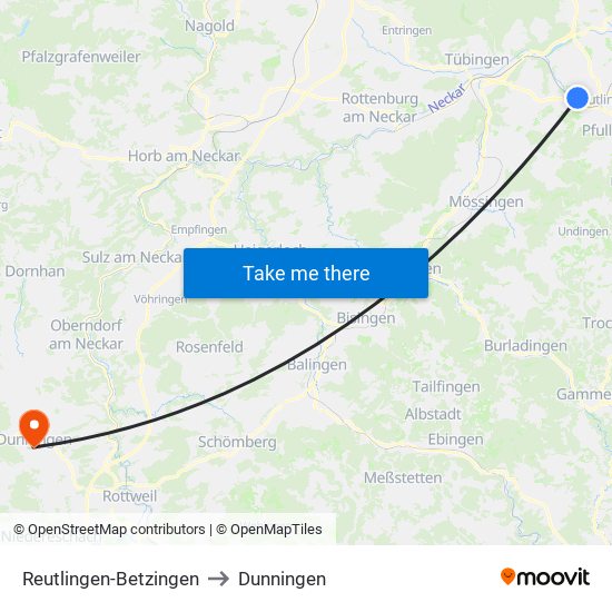 Reutlingen-Betzingen to Dunningen map
