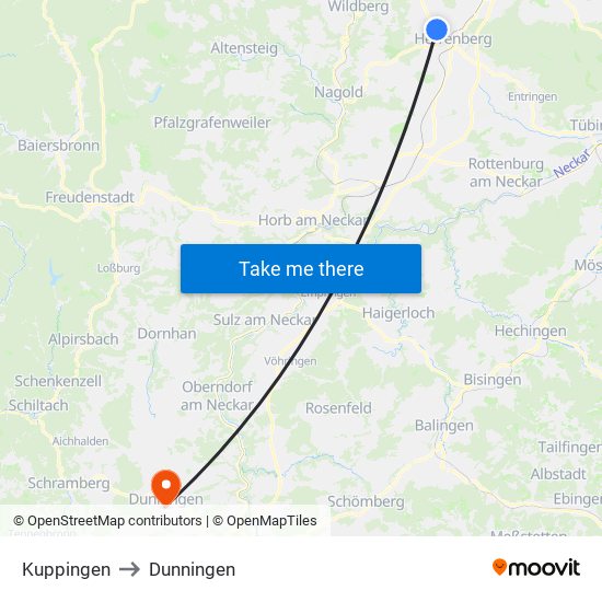 Kuppingen to Dunningen map