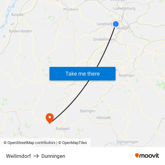 Weilimdorf to Dunningen map