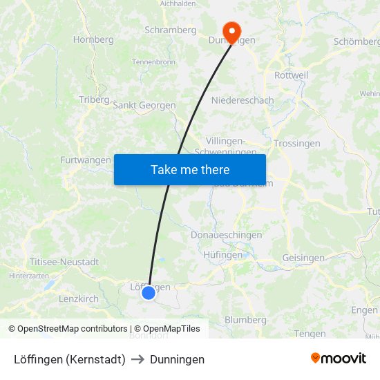 Löffingen (Kernstadt) to Dunningen map